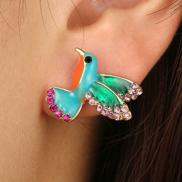 Colorful Hummingbird Rhinestone Earrings - Picture 4 of 7